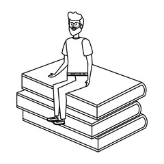 young teacher male sitting in books character
