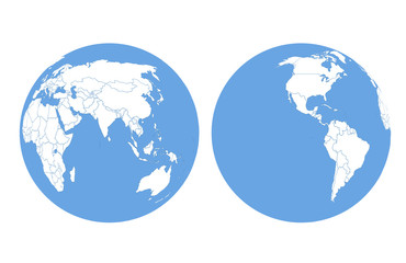 Design Set concept of transparent globes of Earth. Realistic world map in globe shape with transparent texture and shadow. Vector illustration. White background.