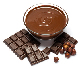 glass bowl of chocolate cream or melted chocolate isolated on white