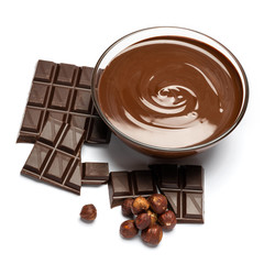 glass bowl of chocolate cream or melted chocolate isolated on white