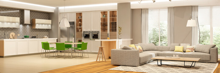 Modern house interior of living room with the kitchen. 3d rendering