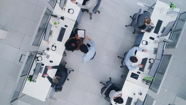 Aerial Top Down Drone Shot of Big Busy Corporate Office with Tow Rows off Businessmen and Businesswomen Working on Desktop Computers. Bright Open Space Office with Businesspeople and Salespeople