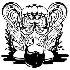 Vector hand drawn illustration of lying girl with jellyfish and splashes .