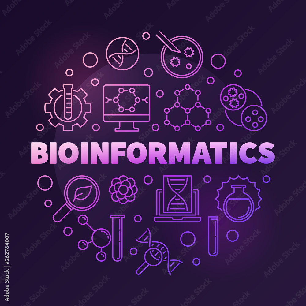 Poster bioinformatics vector round colorful illustration in outline style on dark background