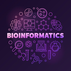 Bioinformatics vector round colorful illustration in outline style on dark background