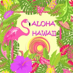 TShirt summery print with Aloha Hawaii lettering, pink flamingo, tropical leaves, hot sun and purple hibiscus for bag, T-shirt, summer party poster and other design