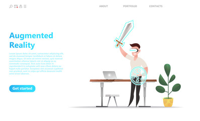 Fototapeta premium VR Virtual reality concept. Cartoon character with glasses is a virtual reality office. The character gamer in the game holds the shield and sword. Business landing page template - vector