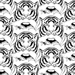 Vector pattern with hand drawn illustration of tiger with deer in his mouth isolated.