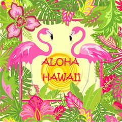 Obraz na płótnie Canvas Summery fashion print with Aloha Hawaii lettering, pink flamingos pair, tropical leaves, hot sun and exotic flowers for bag, Tshirt, summer party poster and other design