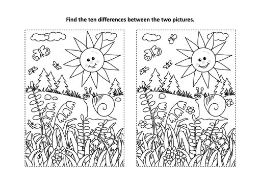 Find the ten differences picture puzzle and coloring page with sun, snail, butterflies and wildflowers