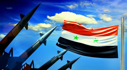 War in Syria. Flag of Syria and Nuclear missiles on sky background. War concept