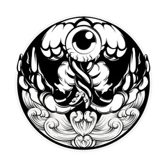 Vector hand drawn illustration of jelly fish with sea waves in circle isolated .