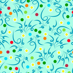 a light blue background with colorful dots and white flowers and dark blue ornaments
