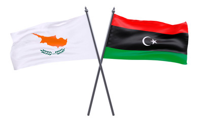 Cyprus and Libya, two crossed flags isolated on white background. 3d image