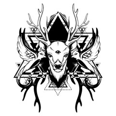Vector hand drawn illustration of deer and birds with triangles isolated .