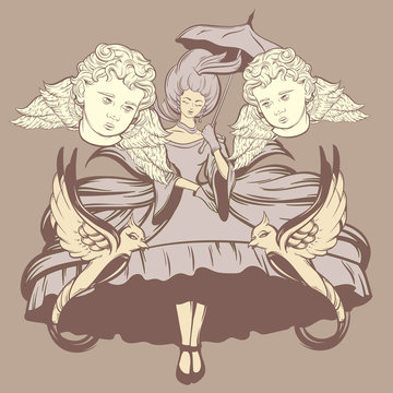 Vector hand drawn illustration of flying woman with umbrella and cupids with birds .