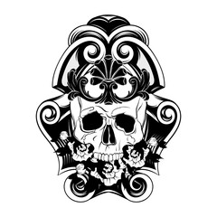 Vector hand drawn illustration of human skull with flowers in frame.