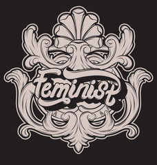 Feminist. Vector hand drawn lettering with frame.