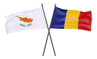 Cyprus and Romania, two crossed flags isolated on white background. 3d image