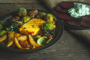 grilled cheese and vegetables, kohlrabi fries, broccoli topped with margarine and breadcrumbs,...