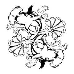 Vector hand drawn illustration of hammerhead shark isolated. Creative tattoo artwork. Template for card, poster, banner, print for t-shirt, pin, badge, patch.