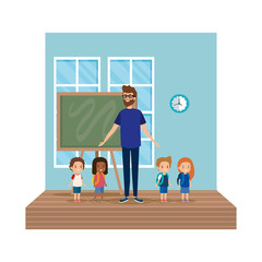 teacher male with school kids in classroom