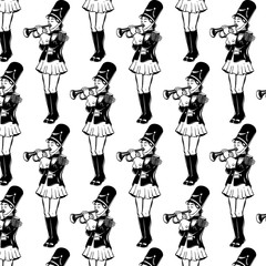 Fototapeta na wymiar Vector pattern with hand drawn illustration of girl with trumpet isolated .