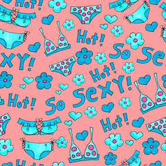 Naklejka premium Blue lingerie seamless pattern. Marker Art underwear wallpaper design. Pattern hand drawn illustration. Bras and panties doodle. Fashion packing background