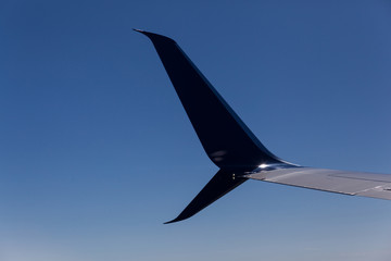 Wing of an airplane flying above blue sky