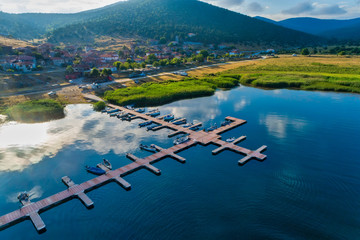 aerial view of the beautiful fishing village Psarades in Prespa lake in Northern Greece