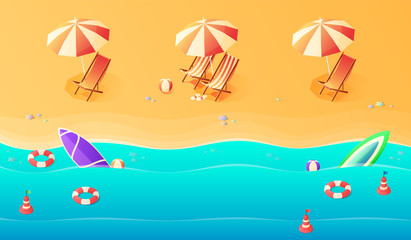 Fototapeta na wymiar Summer. Vacation and travel concept. Umbrella, beach chair and a ball on the beach. Flat style vector illustration