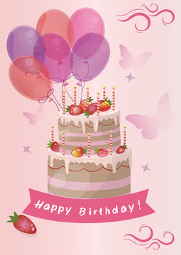 card with cute strawberry Birthday Cake vector image