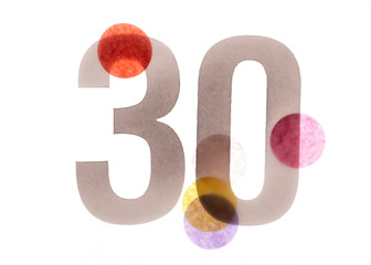 30 number thirty, graphic black digit and creative typography with colourful wheels, happy birthday