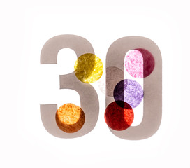30 number thirty, graphic black digit and creative typography with colourful wheels, happy birthday