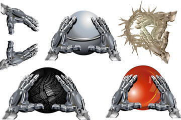 Robot steel mechanical hands holding sphere set vector illustration