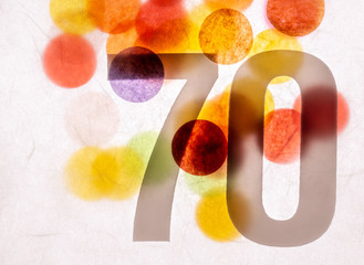 70 number seventy, graphic black digit and creative typography with many colourful wheels, happy...