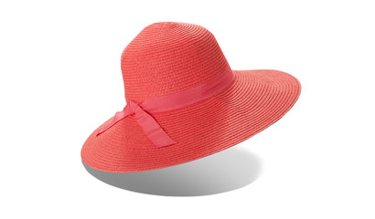 Pretty straw hat with ribbon and bow on white background. Beach hat top view isolated