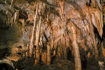 The beautiful stalactites and stalagmites and other rock formations are reflected in a small lake in the Antro del Monte Corchia cave in the Apuan Alps in Italy.