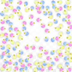 Vector Realistic Colorful Petals Falling on Transparent Background.  Spring Romantic Flowers Illustration. Flying Petals. Sakura Spa Design. Blossom Confetti. Design Elements for Wedding Decoration.