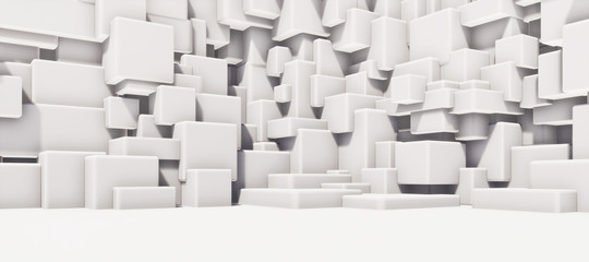 Colorful abstract panoramic background: geometric white matte cube wall.  ( Car backplate, 3D rendering computer digitally generated illustration.)