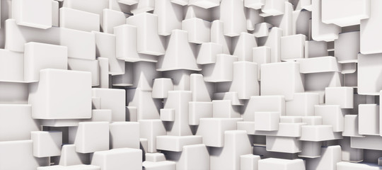 Colorful abstract panoramic background: geometric white matte cube wall.  ( Car backplate, 3D rendering computer digitally generated illustration.)