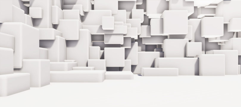 Colorful abstract panoramic background: geometric white matte cube wall. ( Car backplate, 3D rendering computer digitally generated illustration.) © Drawbot