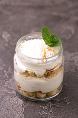 Coconut bisquit dessert with ricotta, mint. Yogurt breakfast