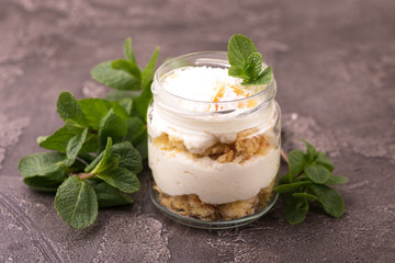 Coconut bisquit dessert with ricotta, mint. Yogurt breakfast