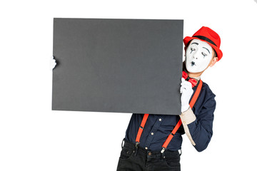 happy artist MIM is holding a black Board on a white background