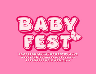 Vector pink poster Baby Fest with cute Font. 3D retro style Alphabet Letters, Numbers and Symbols
