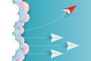 Red paper plane changing direction from white up to the sky. new idea. different business concepts. Courage to risk. leadership. illustration cartoon vector