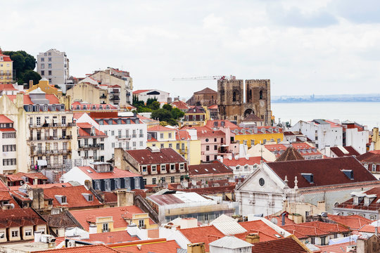View of Baixa and Alfama from Santa Justa Lift or Carmo Lift, Elevador de Santa Justa, Baixa, Lisbon, Portugal,
