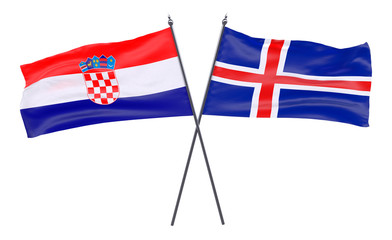 Croatia and Iceland, two crossed flags isolated on white background. 3d image