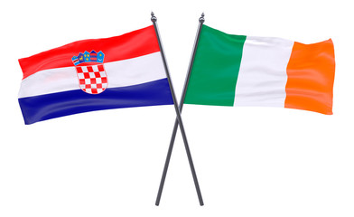 Croatia and Ireland, two crossed flags isolated on white background. 3d image